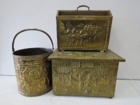 Brass embossed bucket, magazine rack and storage box.