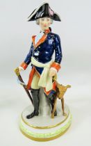 German Dresden Figurine of a Classically Dressed Regency Gentleman with hunting hound. Figure in ex
