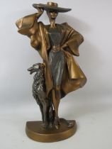 Art deco style bronze metal sculpture of a lady and a Borzoi dog by Austin Sculptures, 49cm tall.