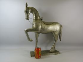 Large silver decorative horse statue 63cm tall and 48cm long.