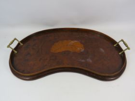 Vintage kidney shaped tray with brass handles, 58cm by 30cm.