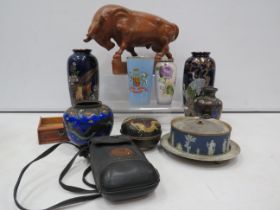 Mixed lot to include a large wooden carved bull and a selection of cloisonne vases which are A/F,