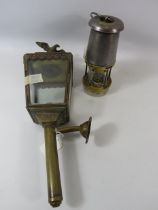 Wolf type FE miners lamp and a Porch lantern with eagle finial.