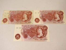Three Vintage 10 Shilling Notes , two in virtually mint condition. See photos.