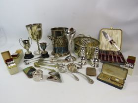 Silver plated and collectable items including sugar tongs and sifter spoons, cigarette and snuff