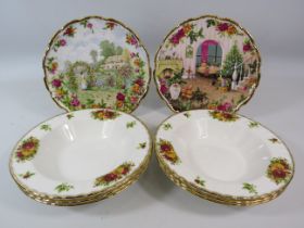 2 Royal Albert Old Country Roses decorative plates plus 6 rare Holiday pattern bowls 20cm in