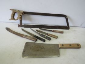 Selection of Vintge Butchers Knives, Meat saw plus a large Elwell Meat cleaver which is Arrowmarked
