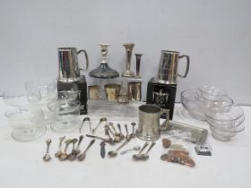 Mixed lot of silver plated, pewter and glass items, tankards, bowls, souvenir spoons etc.