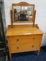 Early 20th Century Oak two drawer dresser with tilt top mirror with bevelled glass. H:32 x W:36 x D