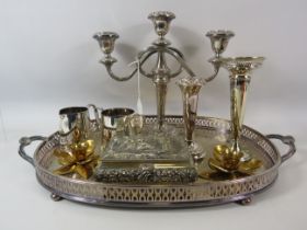 Silver plated items including a gallery tray, vases, candlesticks etc.