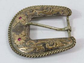Vintage Sterling silver VOTG Western hand engraved belt buckle 1/10th gold and set with 2 rubies,
