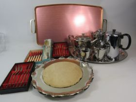Stainless steel teaset, various vintage cutlery and silver plated and wood cheese board.