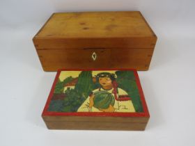 2 Vintage wooden storage / keepsake boxes, one has handpainted design to the top.
