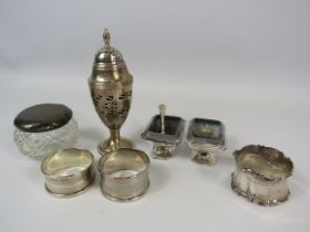 Mixed lot of various sterling silver items napkin rings, salts, sugar sifter etc, total silver