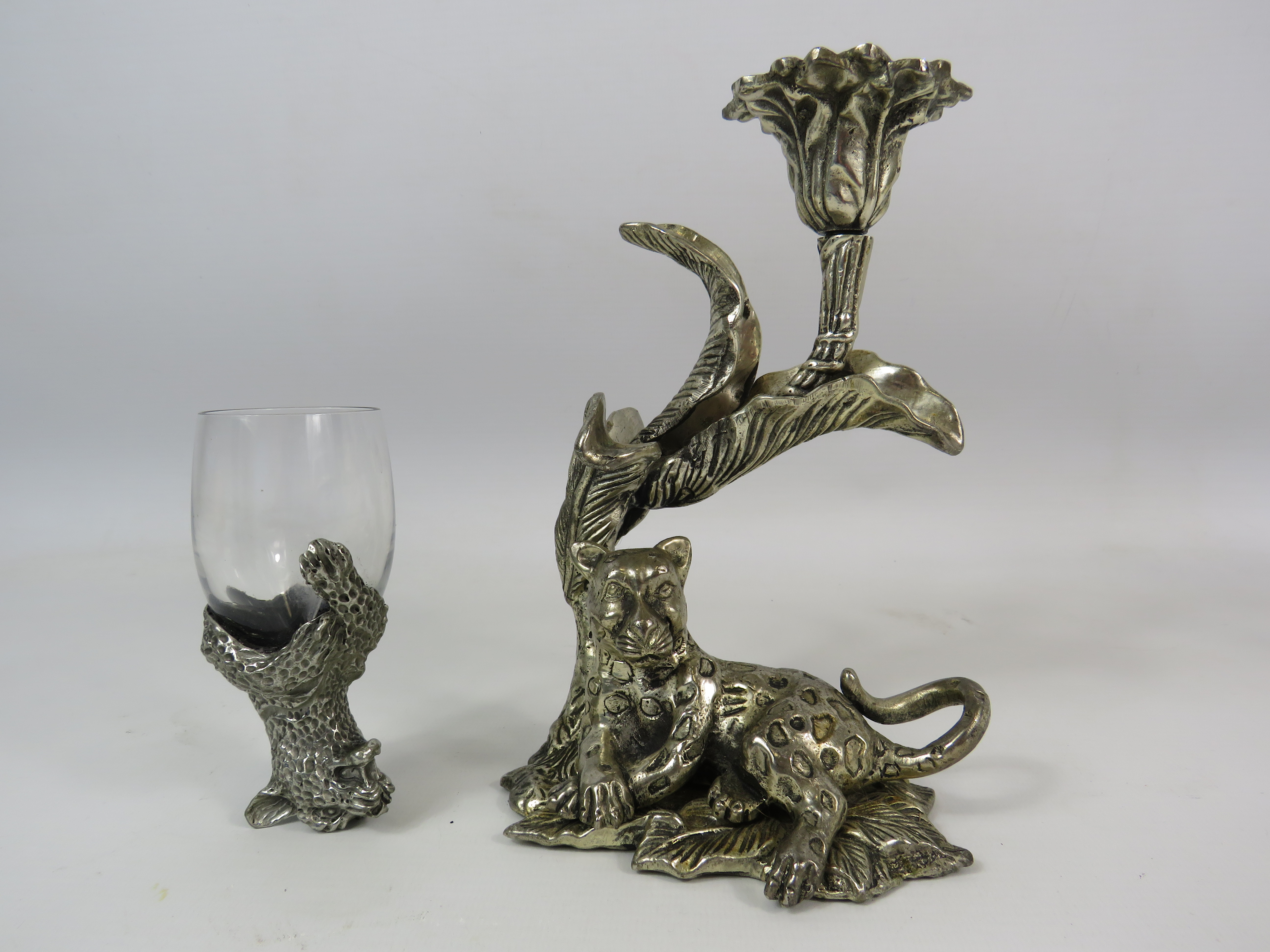 Franklin Wild Royal Selangor stirrup cup plus a white metal candle holder with a recumbant leopard - Image 2 of 3