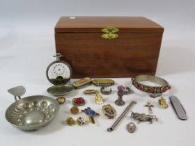 Wooden Keepsake box and a selection of collectables including various silver items and a vintage