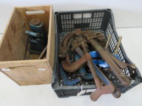 Vintage Bottle jack plus a selection of tools to include G Clamps, Stilsons etc. see photos.