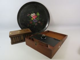 Large lacquered handpainted tray, vintage writing box and a Sorrento puzzle box.