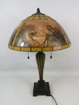 Pretty Table lamp with heavy Art Nouveau Base and  Glass shade with depicts Winter Robins.  Measures