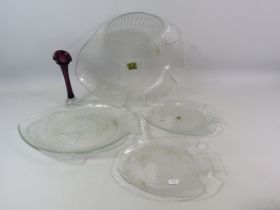 4 Arcoroc French glass fish plates plus a small bud vase.