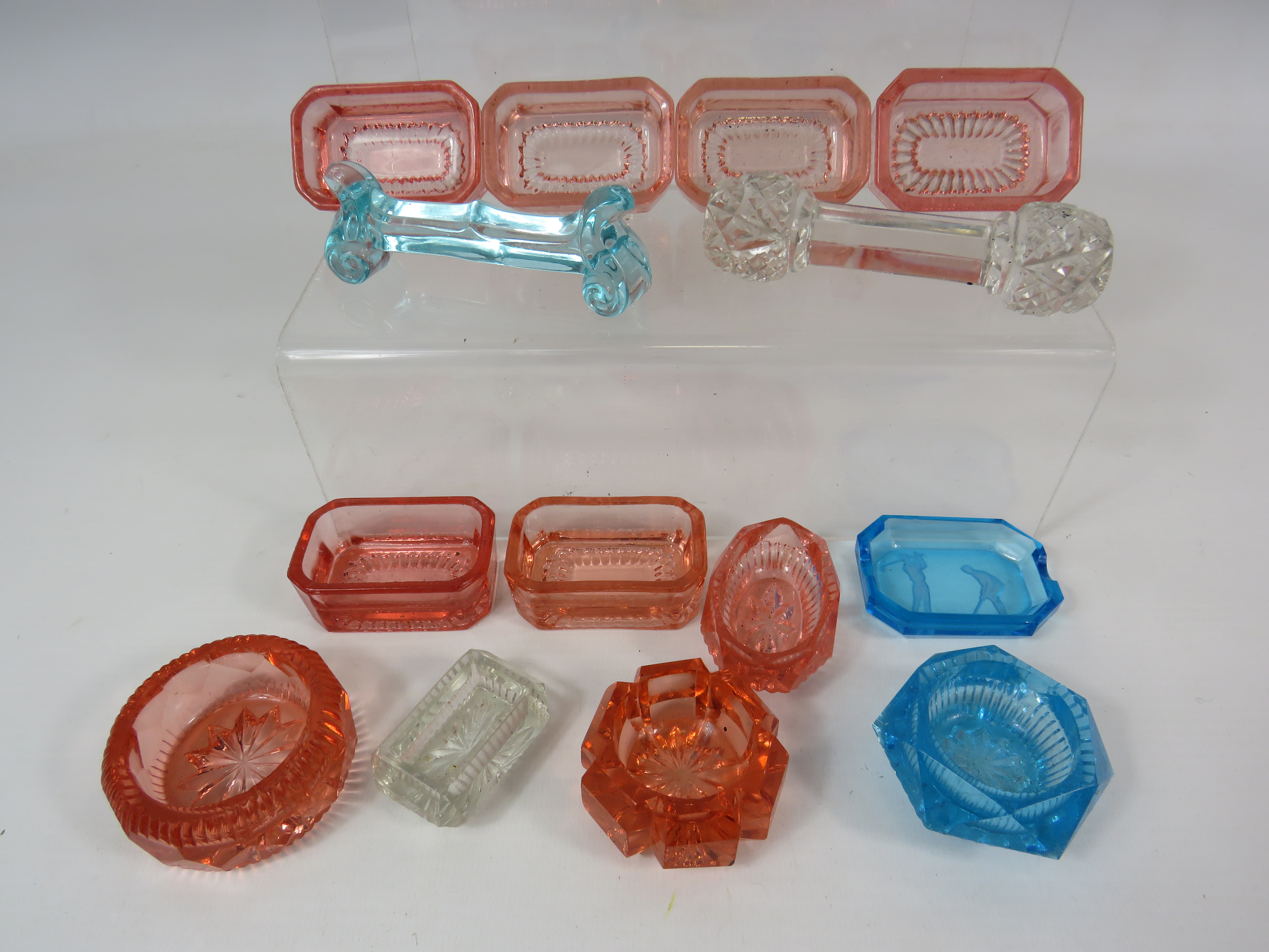 Selection of various vintage glass salts and 2 knife rests.