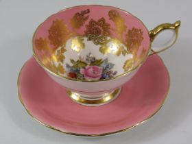 Anysley Cabbage Rose Cup and Saucer signed JA Bailey. (Crack to handle see pics).