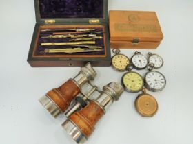 Good mixed lot to include a vintage writing/drawing set. Selection of Silver cased pocket watches fo