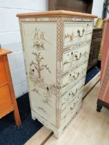 Lovely Oriental style Chest of five drawers decorated with lucite figures in relief and painting. H