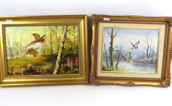 Oil on Canvas of Two Woodland Pheasants Rising. Housed in a Gilt frame which measures approx 16 x 12