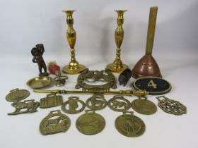 Brass lot including candlesticks, horses brasses etc.