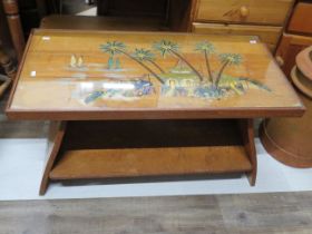 Oriental Low table with carved and painted decoration to sides and top which is under glass. H:18 x