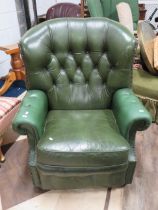 Green Chesterfield style button back lounge chair with thick soft green leather. See photos.