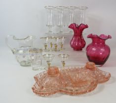 Mixed glass lot to include Art deco peach glass, Dartington cranberry glass vase, Pony advertising