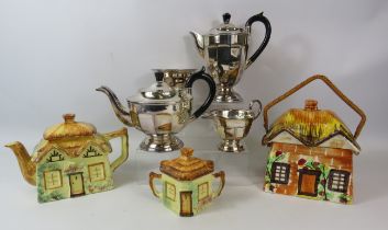 Silverplated teaset and a selection of cottage ware ceramics.