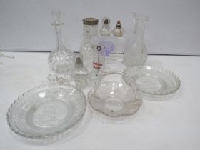 Mixed vintage glass lot including George VI Plates and basket, decanters, vintage oil lamps etc.