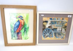 Two Nicely painted Pastels of a Barn Owl Group and a Kingfisher. Largest is 18 x 14 inches. See phot
