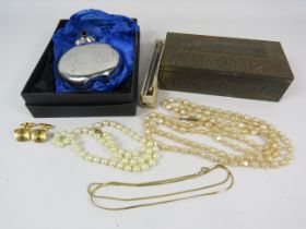 Mixed lot including a scottish hip flask, costume jewellery, vintage tin etc.
