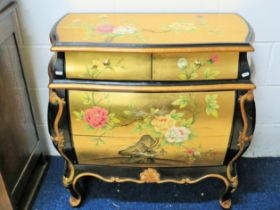 Pretty French Bombe chest with two long drawers and two short drawers above. Decorated in Black Ebon