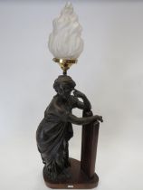 Large lamp base on wooden stand with a Bronze metal lady. Frosted Glass lampshade (plus spare)  meas