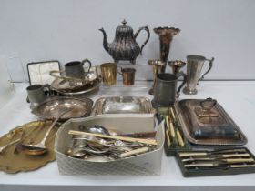Large selection of various silver plated and pewter items including tureens, butterdish, vases,