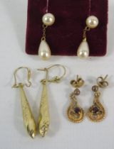 Three pairs of 9ct gold earrrings.