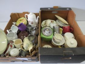 2 Boxes of mixed ceramics and stainless steel items.