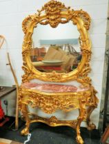 Reproduction French Louis XVI Style Bombe fronted side table with large ornate mirror above, Main bo