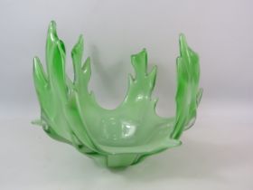 Large green cased art glass bowl, 23cm tall and diameter 28cm.