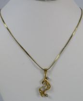 9ct gold 16 inch necklace and 9ct leaf pendant set with 3 small diamonds. 3.1 grams.