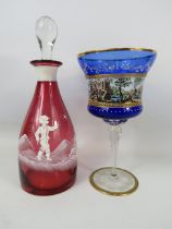 Mary Gregory cranberry glass decanter and a large Murano cobalt blue glass chalice.