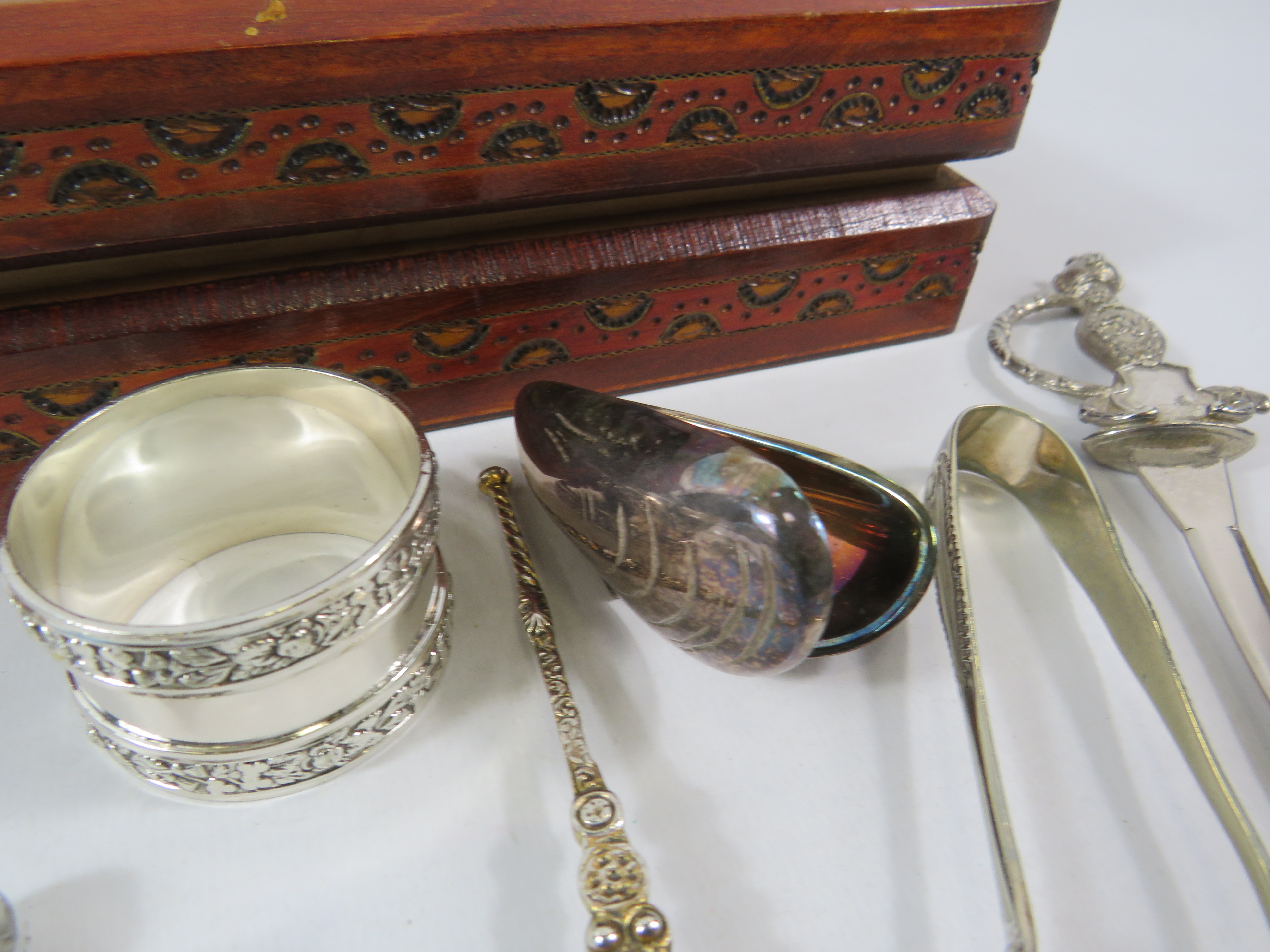 Wooden box and contents including a pair of art nouveau pincers, napkin rings etc. - Image 3 of 4
