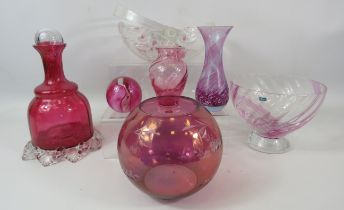 Mixed lot of Red and pink glass including Caithness and a Victorian cranberry glass decanter.