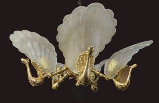 Five Armed Swan or Peacock Candelabra featuring opaque Glass shades. See photos. S2