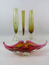 Chribska art glass bowl and 3 olive green art glass bud vases.